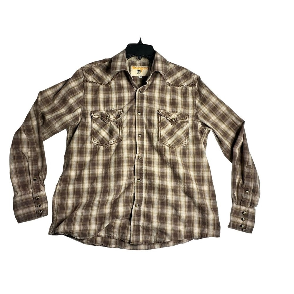 Tempco Long Sleeve Pearl Snap Brown Plaid Western Shirt Size Mens Medium